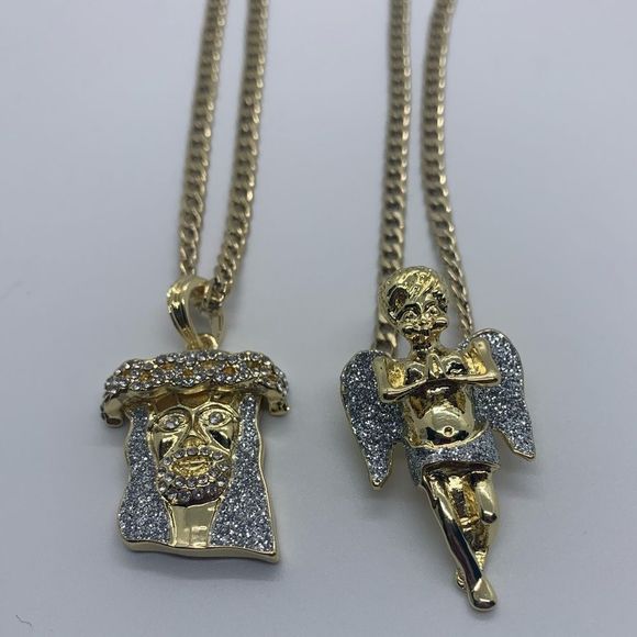 NEW Jesus Angel Pendant CrushedDiamond Gold Chains